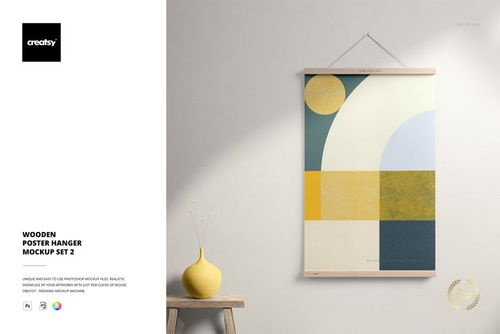 Wooden poster hanger mockup featuring a minimalist geometric design in muted colors, shown against a neutral wall background.