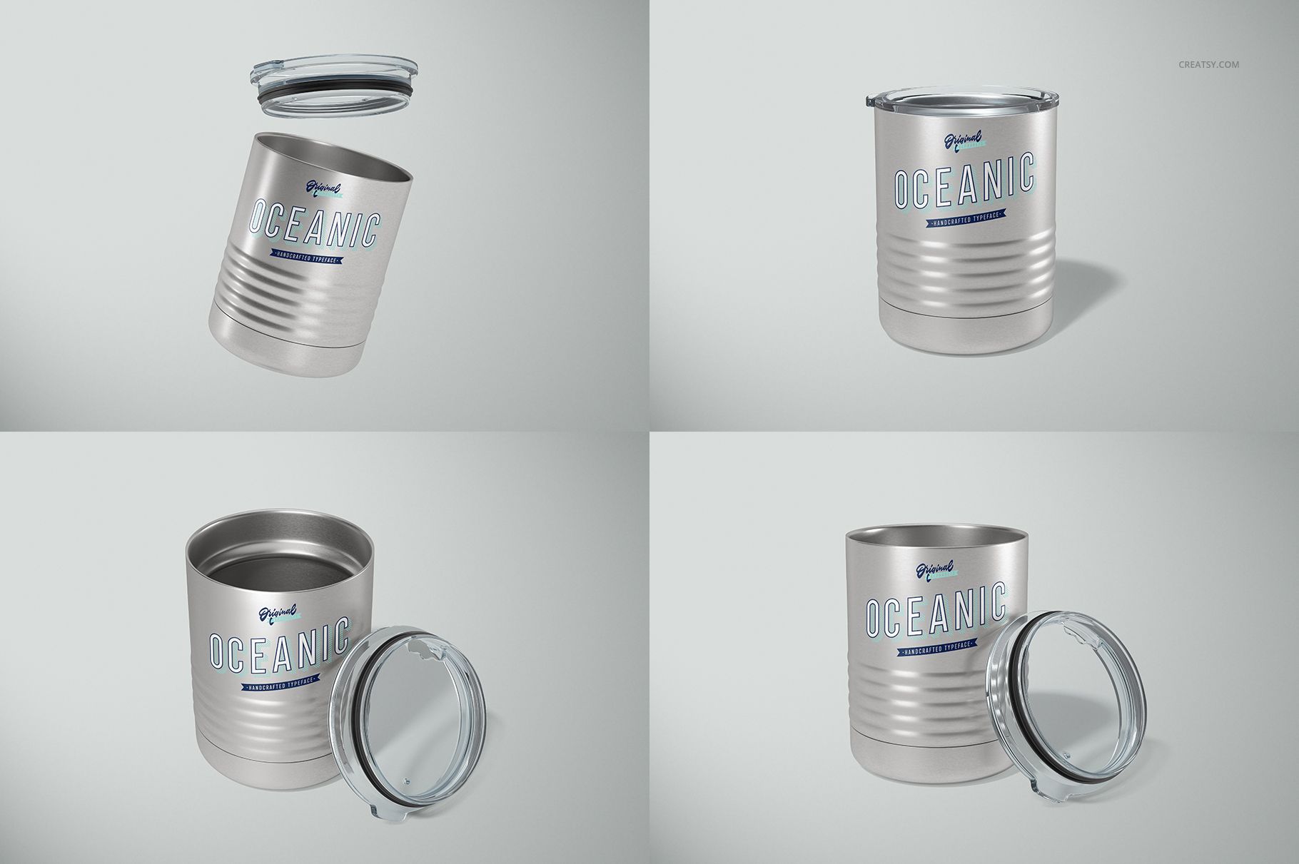 Ringneck 10 oz vacuum insulated tumbler mockup set displaying four views with clear lids and minimal branding.