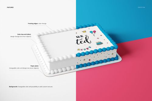 Edible cake topper mockup featuring a rectangular cake with white and blue frosting, displayed on colorful surfaces.