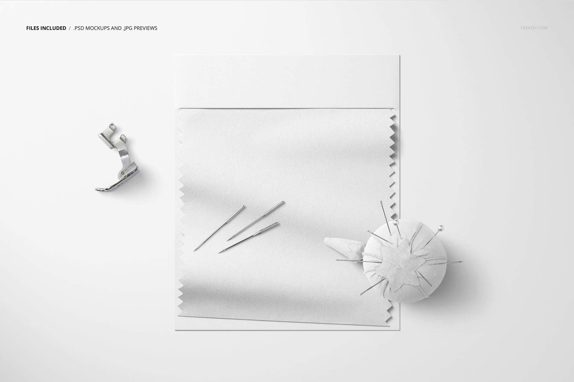 Fabric swatch mockup displayed from a top view, featuring a zigzag-edged fabric piece on a white background.