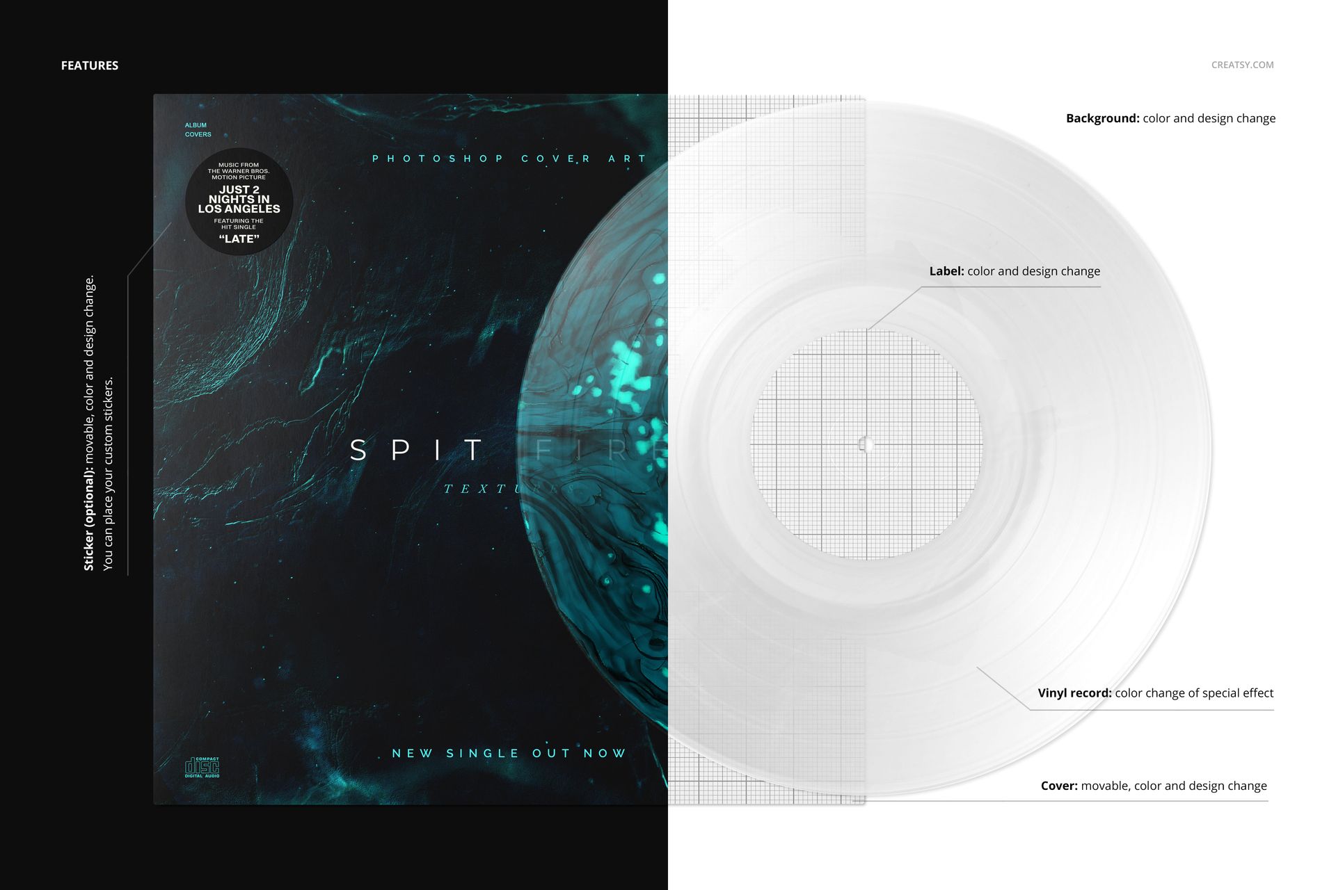 Front view of a vinyl record and cover mockup with splatter effect, featuring teal and black abstract design on the left.