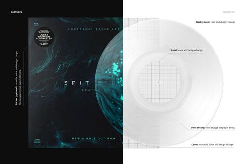 Front view of a vinyl record and cover mockup with splatter effect, featuring teal and black abstract design on the left.