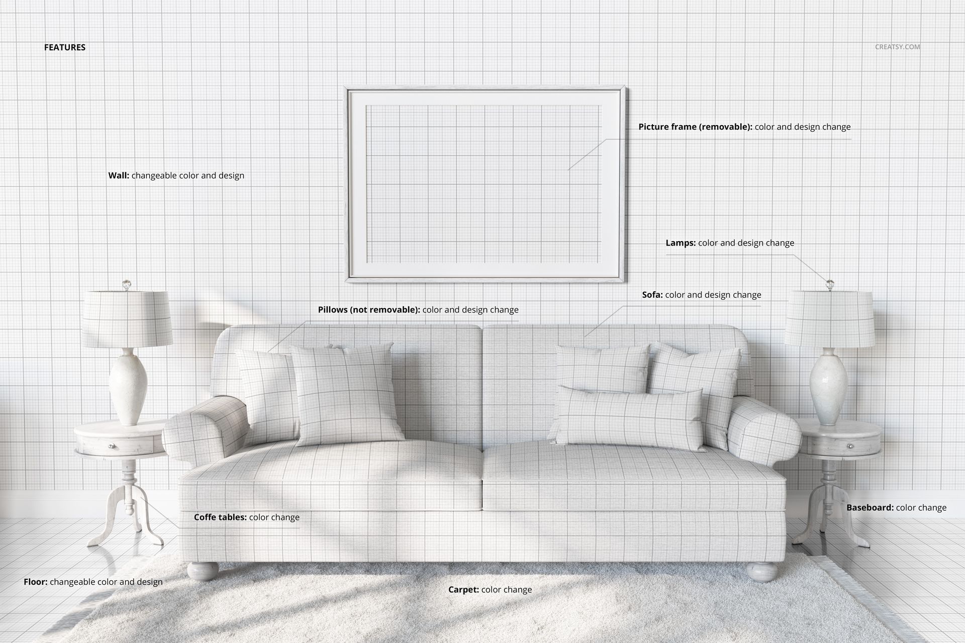 Front view of a sofa with multiple pillows, two side tables with lamps, and a large picture frame above, all in a neutral grid pattern mockup scene.