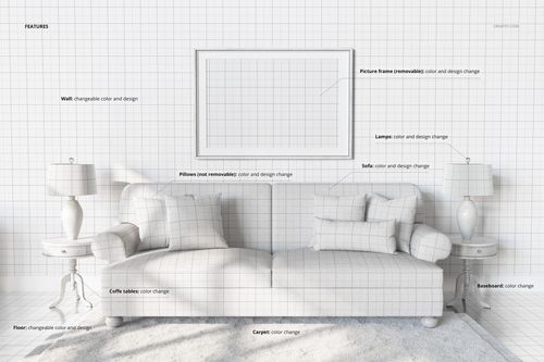Front view of a sofa with multiple pillows, two side tables with lamps, and a large picture frame above, all in a neutral grid pattern mockup scene.