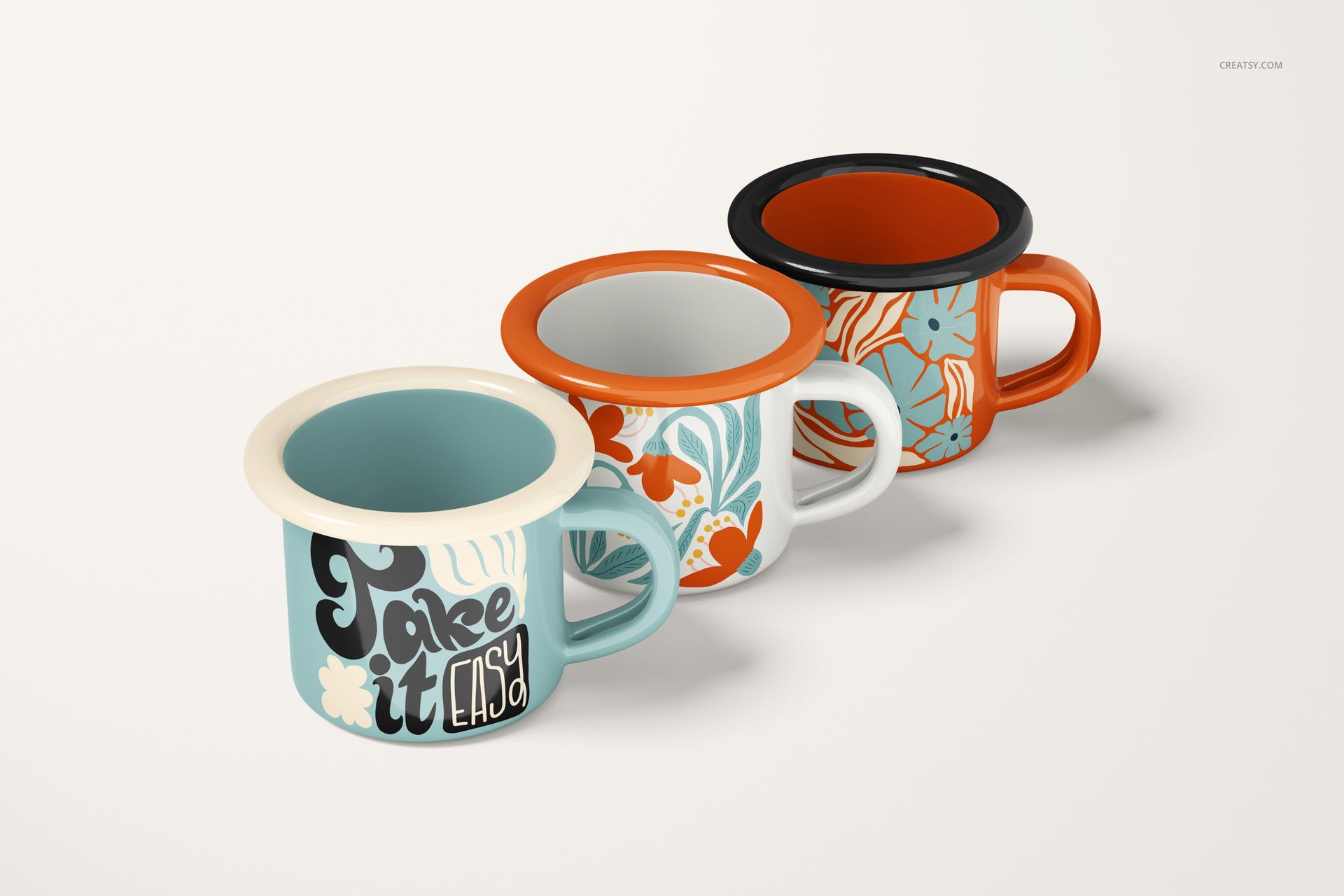 Three 100ml enamel mugs with colorful designs, shown from a front angle on a light background.