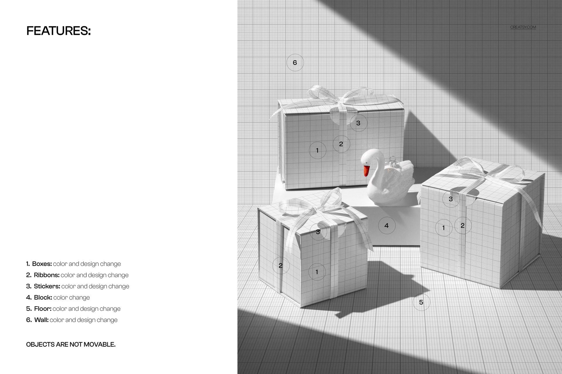 PSD mockup of magnetic gift boxes with ribbons, displayed with a swan figurine on a checkered floor in a bright setting.