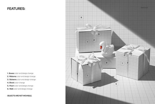 PSD mockup of magnetic gift boxes with ribbons, displayed with a swan figurine on a checkered floor in a bright setting.