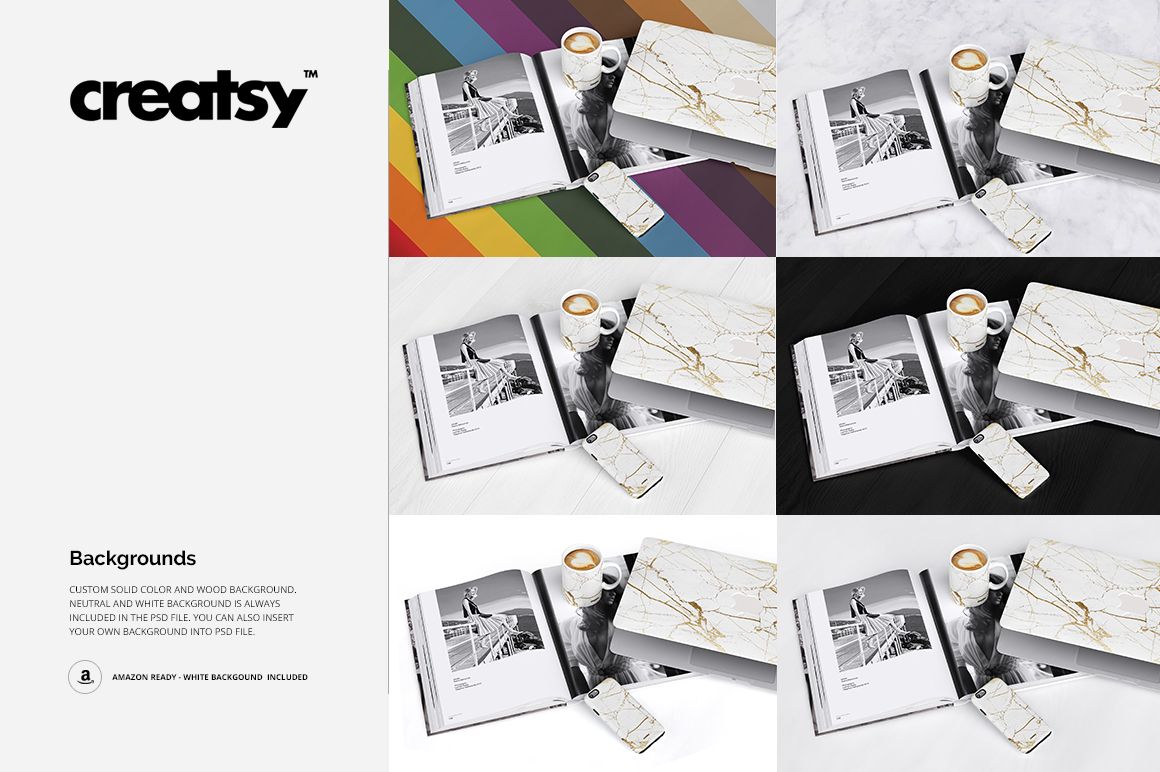 Mug, phone case, and laptop case mockup shown on various backgrounds including marble, wood, and solid colors.