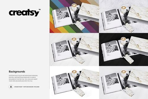 Mug, phone case, and laptop case mockup shown on various backgrounds including marble, wood, and solid colors.