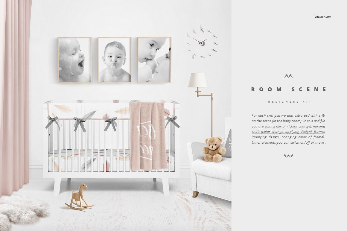 White crib bedding set mockup in a modern nursery with soft pink curtain, plush toys, and wall decor.