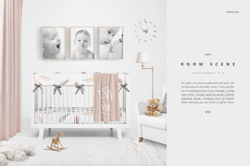White crib bedding set mockup in a modern nursery with soft pink curtain, plush toys, and wall decor.