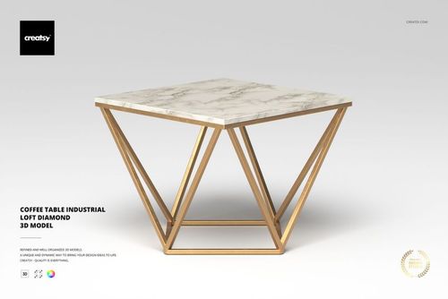 Square coffee table with a white marble top and geometric gold metal base, shown on a light background, front view.