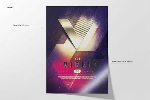PSD mockup of a party poster with metallic gold accents, geometric patterns, and organized typography on a dark background.