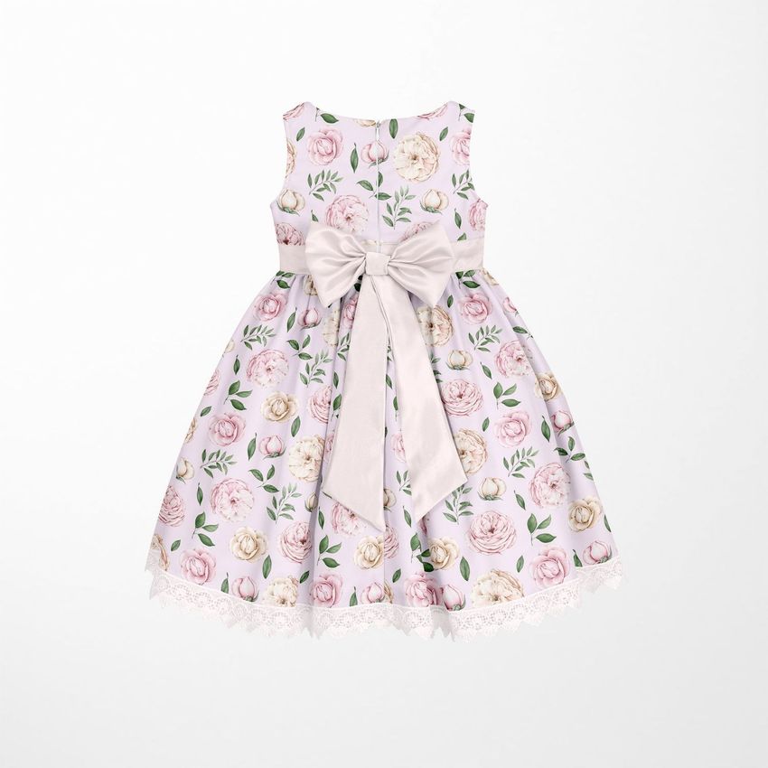 Kids dress mockup featuring a sleeveless dress with a large bow and a pink floral watercolor pattern on a white background.