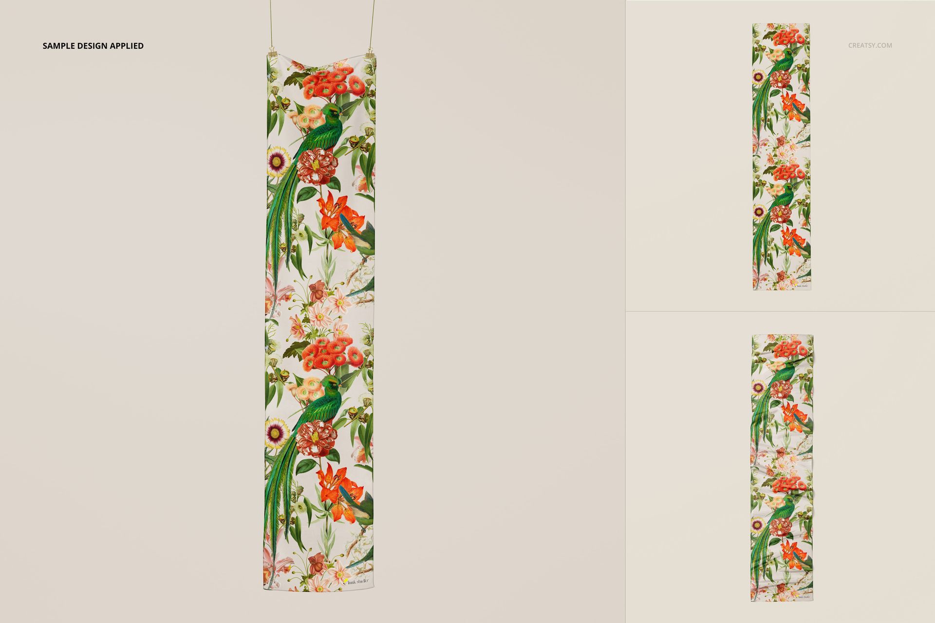 Crepe de Chine silk scarf mockup featuring a botanical print, displayed in a front view with soft neutral backdrop.