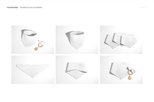 Baby muslin bandana PSD mockup set featuring multiple bandana styles and arrangements on a clean, bright surface.