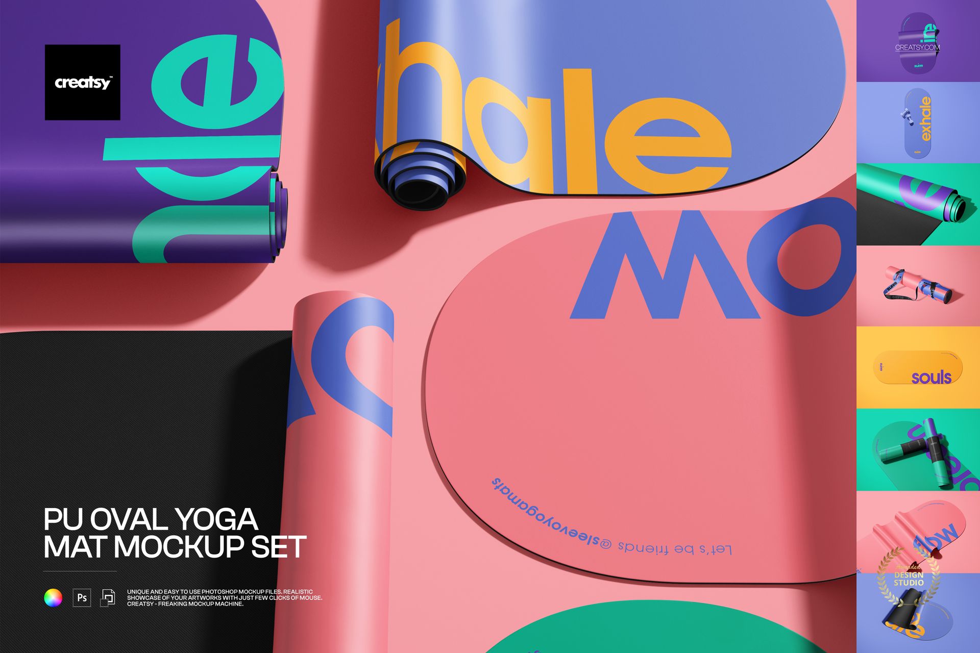 PSD mockup bundle featuring multiple oval yoga mats in various colors and angles with modern typography accents.