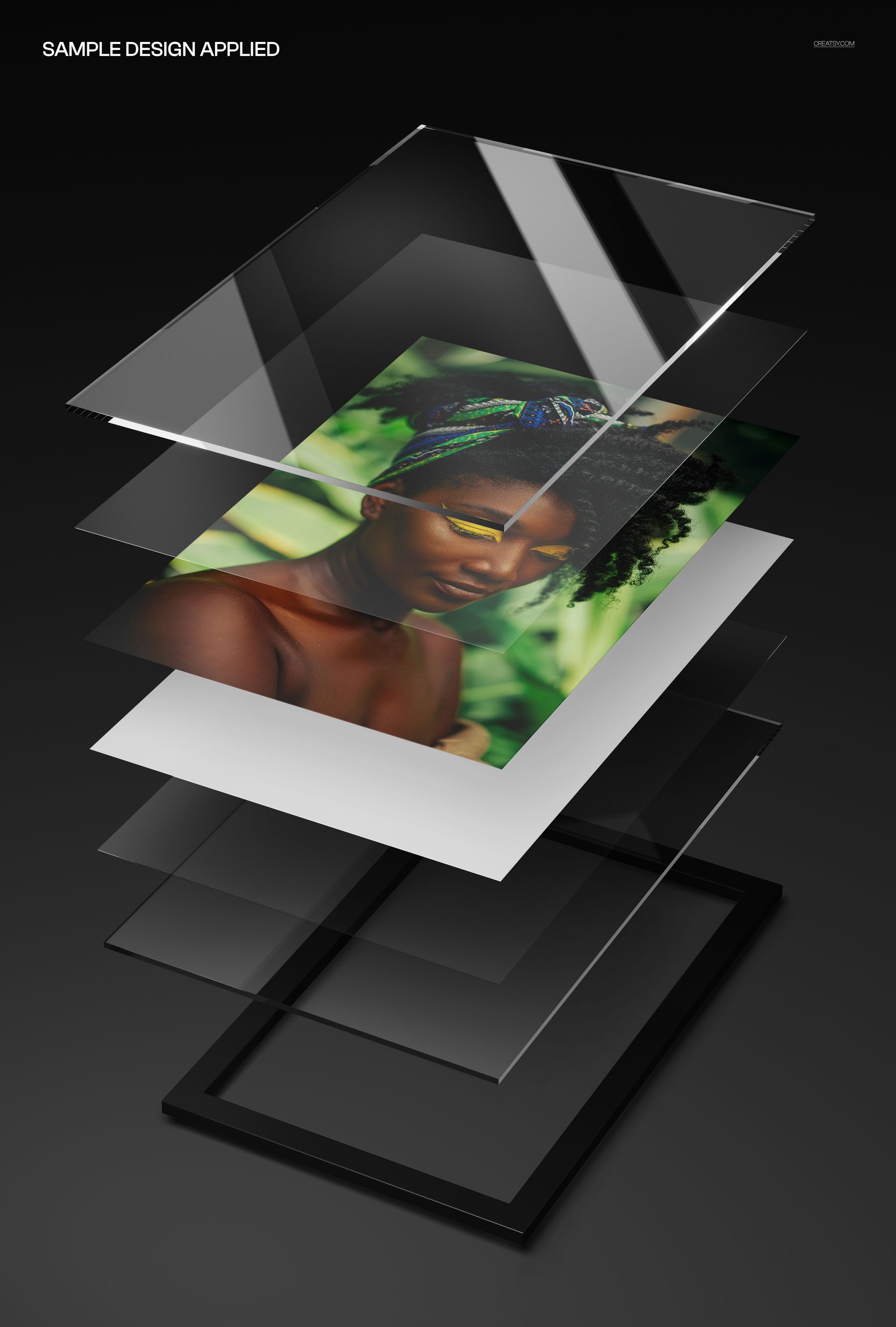 Exploded view of a glossy acrylic print mockup showing layered transparent and opaque panels with a blurred photo.