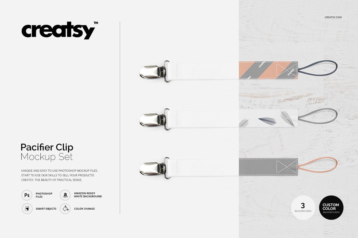 PSD mockup of pacifier clips in three styles, arranged side by side on a neutral background with custom color options.
