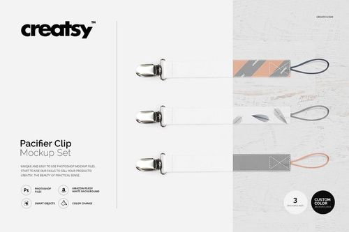 PSD mockup of pacifier clips in three styles, arranged side by side on a neutral background with custom color options.