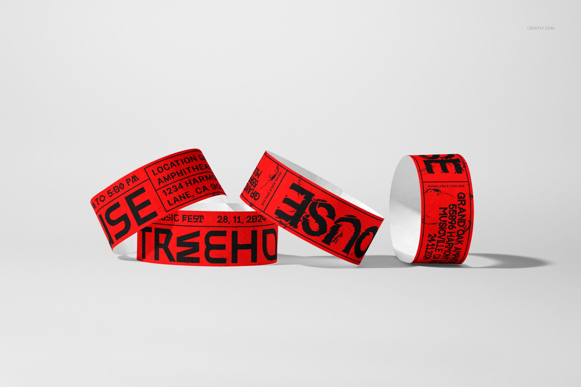 Red paper wristbands featuring large black lettering, arranged in a row on a white background, PSD mockup style.