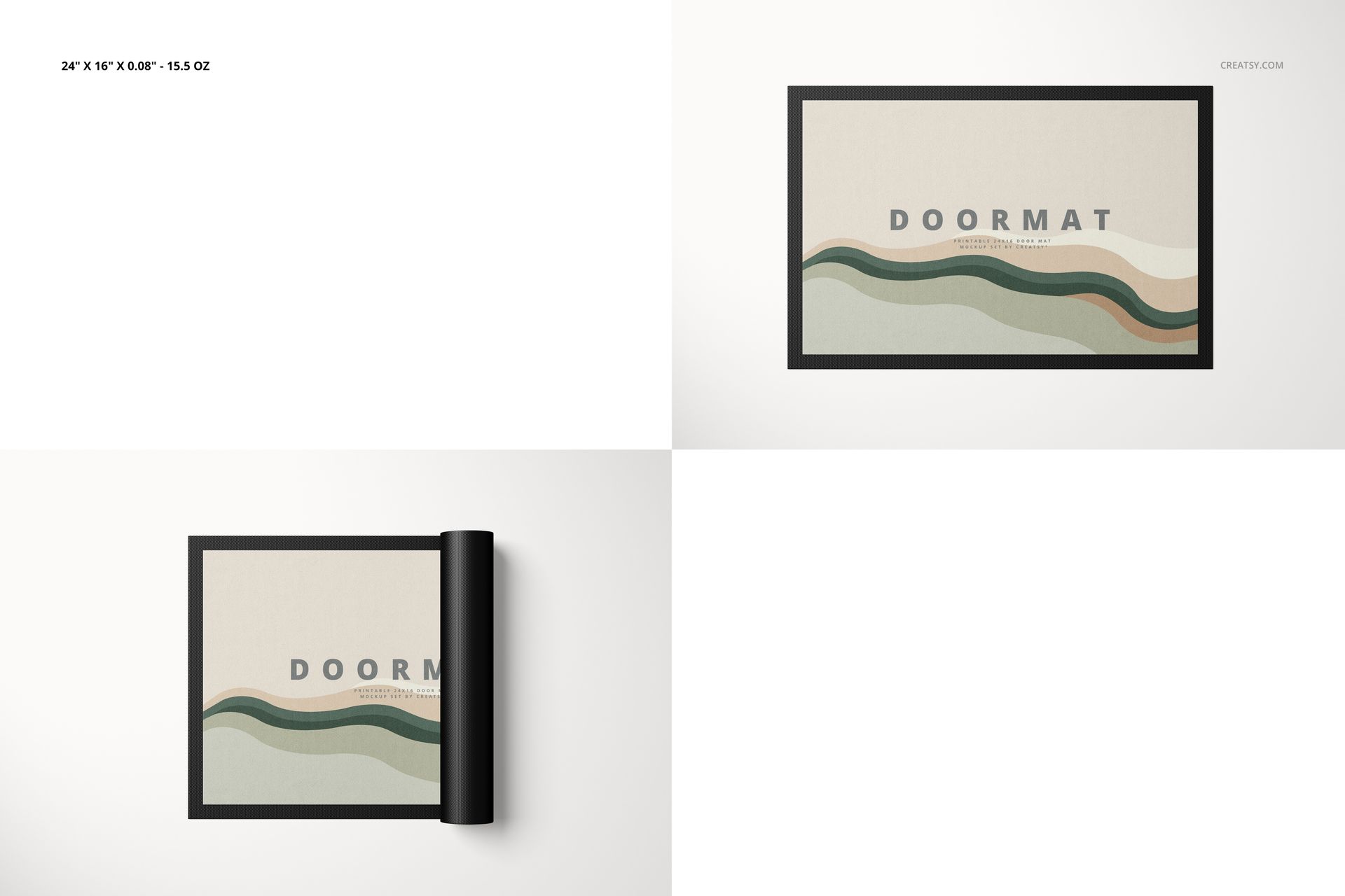 Door mat mockup featuring a minimalist wavy design in muted earth tones, displayed flat and partially rolled on white.