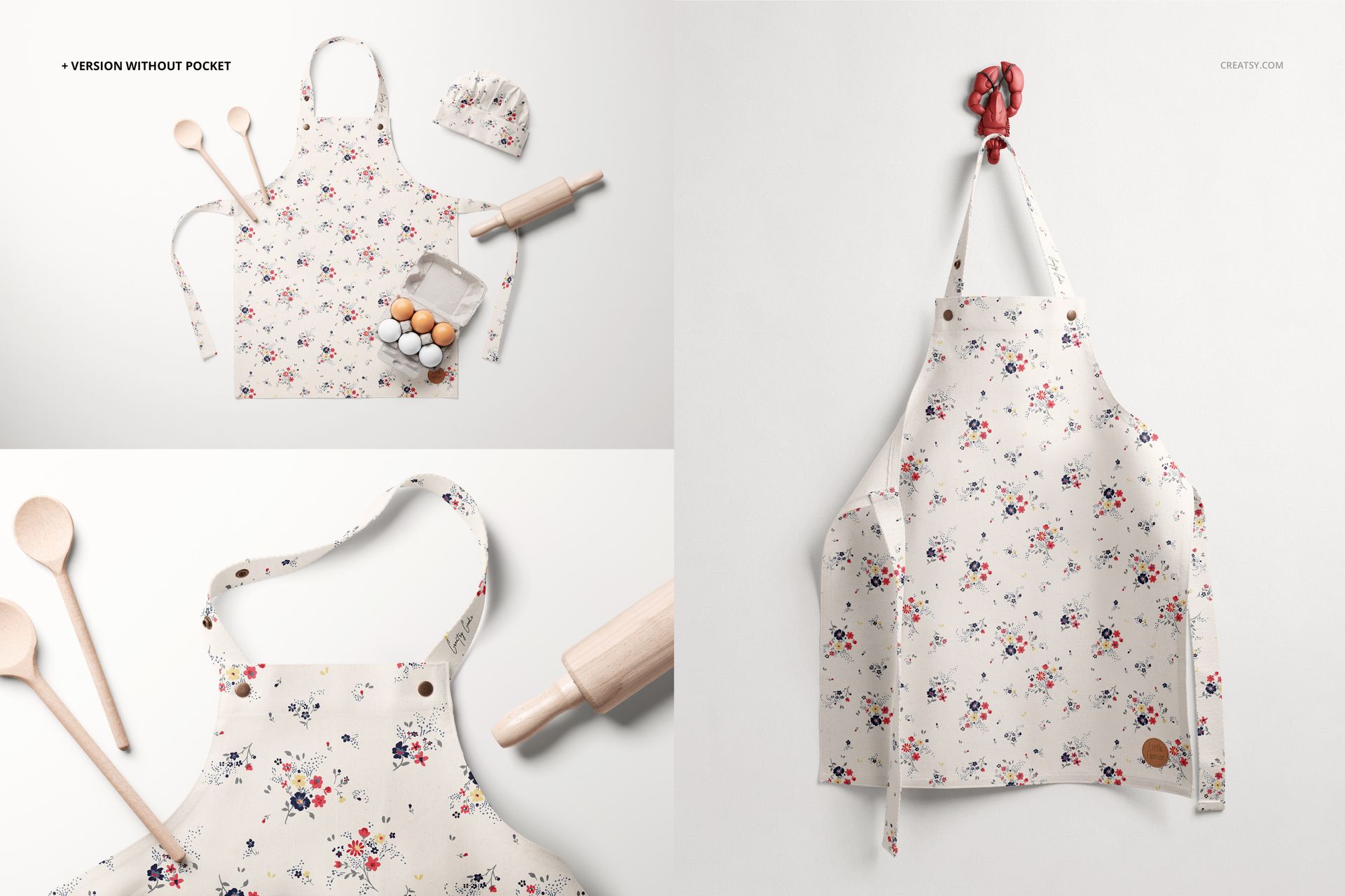 Floral kids apron mockup shown from top and front perspectives, accompanied by wooden utensils and baking items.