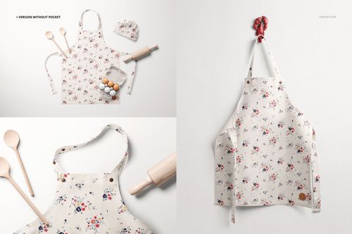 Floral kids apron mockup shown from top and front perspectives, accompanied by wooden utensils and baking items.
