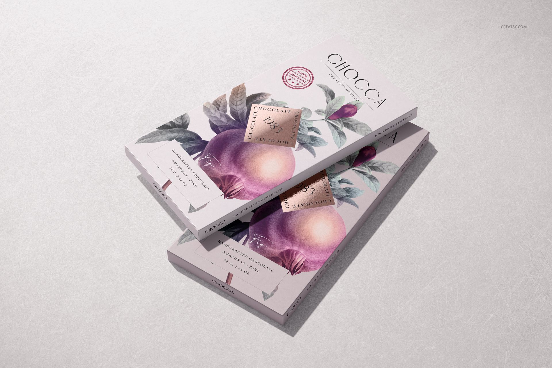 Stacked chocolate bar mockup featuring botanical artwork and metallic details, shown from an angled top view.