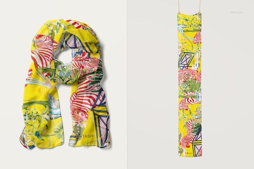Colorful 25x140cm chiffon silk scarf mockup displayed folded and flat, featuring bold geometric and botanical designs.