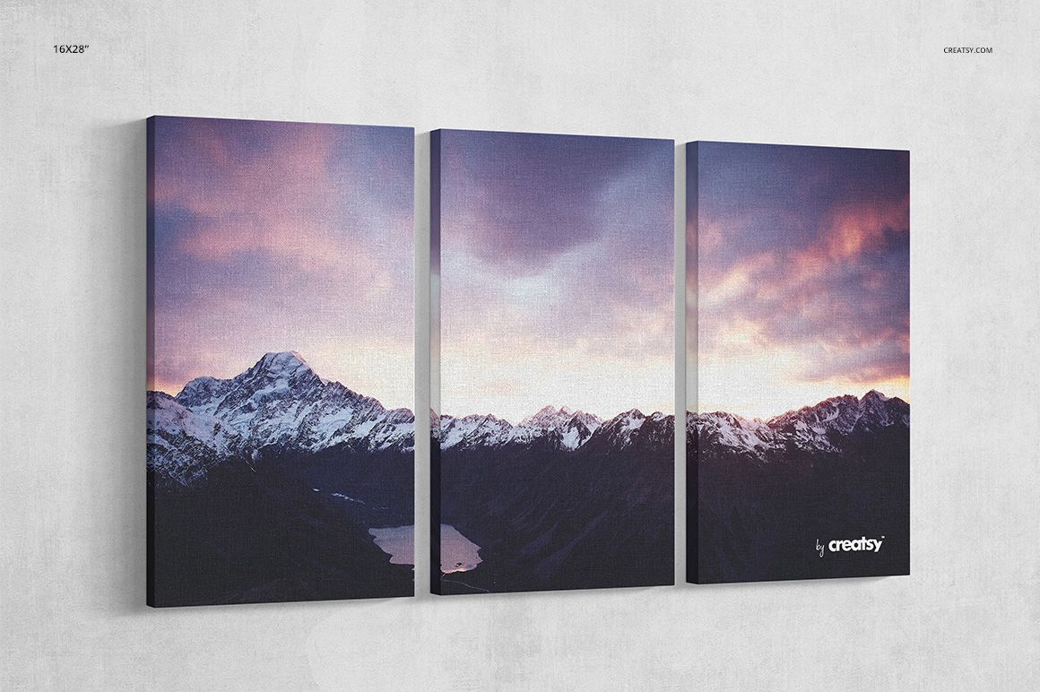 Three rectangular canvas prints featuring a mountain landscape with snow peaks and a colorful sunset, front view.
