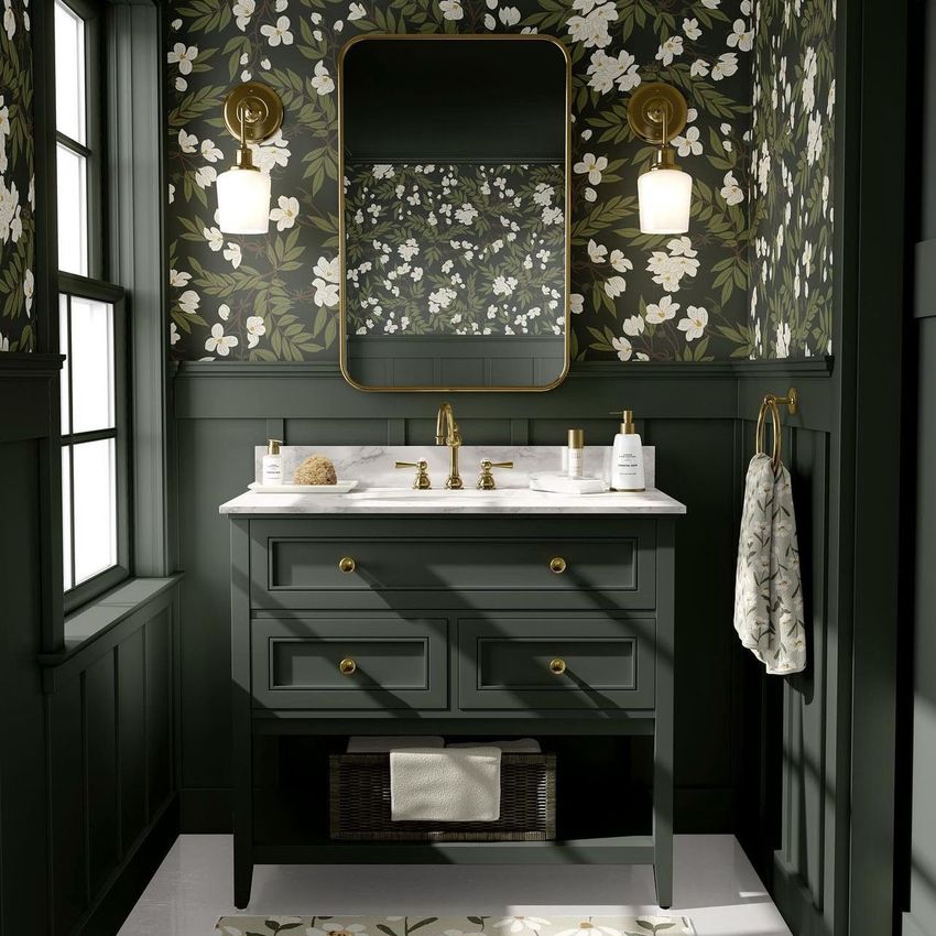 Bathroom mockup showing a dark green vanity with gold hardware, floral wallpaper, and two wall sconces beside a mirror.