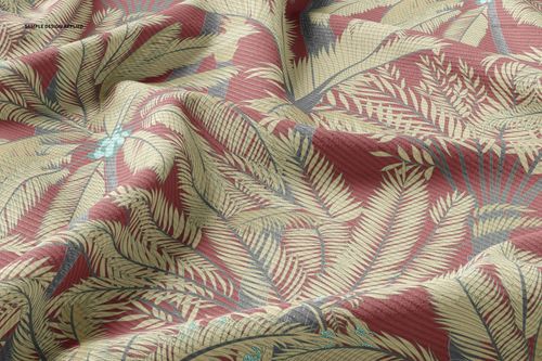 Rib knit fabric mockup featuring a close-up view of textured material with a leafy tropical pattern in beige and red tones.