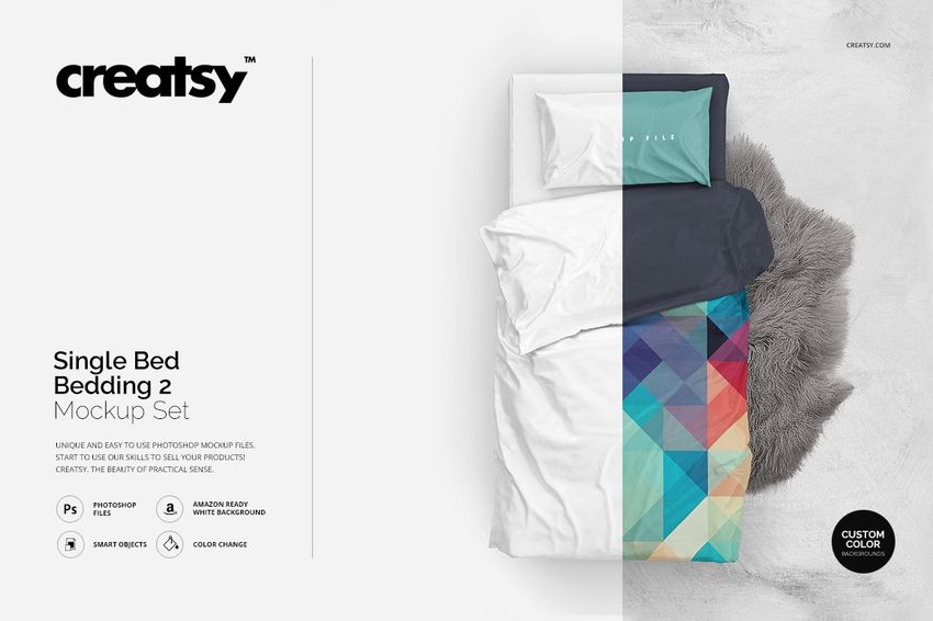 Top view of a single bed bedding mockup featuring a colorful geometric duvet, white sheet, and gray pillow.