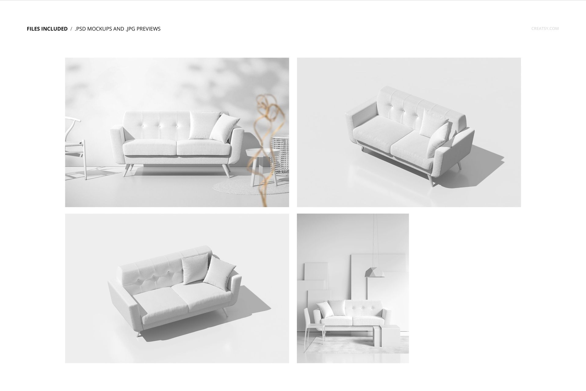 Modern sofa mockup set showing a light-colored sofa in various angles, including front and side views, in a minimalist room.