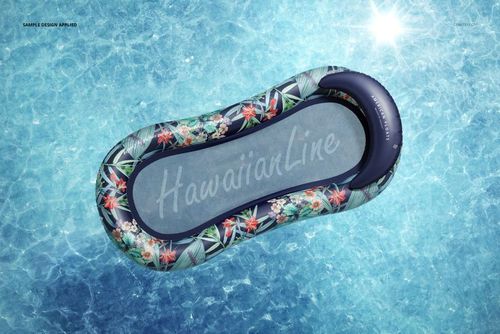 Top-down view of a mockup inflatable pool lounger float featuring a dark border and colorful tropical leaf design.