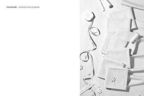 Flat lay of multiple jersey fabric swatches alongside sewing tools, featured in a PSD mockup scene.