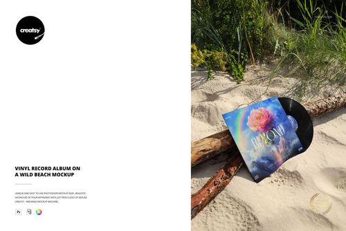 PSD mockup of a vinyl record album lying on light sand beside a weathered log and lush beach vegetation.
