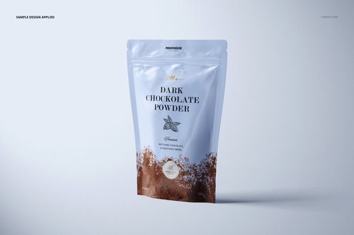 Front view of a glossy zip lock pouch mockup featuring a chocolate powder label and cocoa graphic on a clean surface.