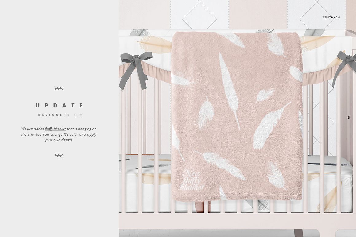Crib bedding mockup showing a pale pink blanket with white feathers, gray bows, and patterned bumper pads in a baby room.