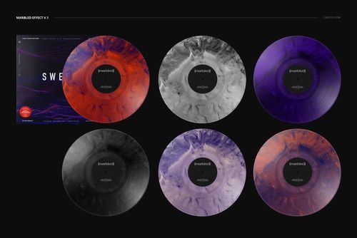 Six vinyl records with marbled effects in orange, black, white, and purple tones, shown from a top view next to a cover mockup.