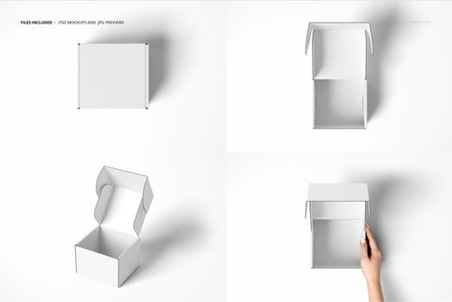 Front tuck mailer box mockup shown in four views, including closed, open, angled, and hand-held perspectives on white background.