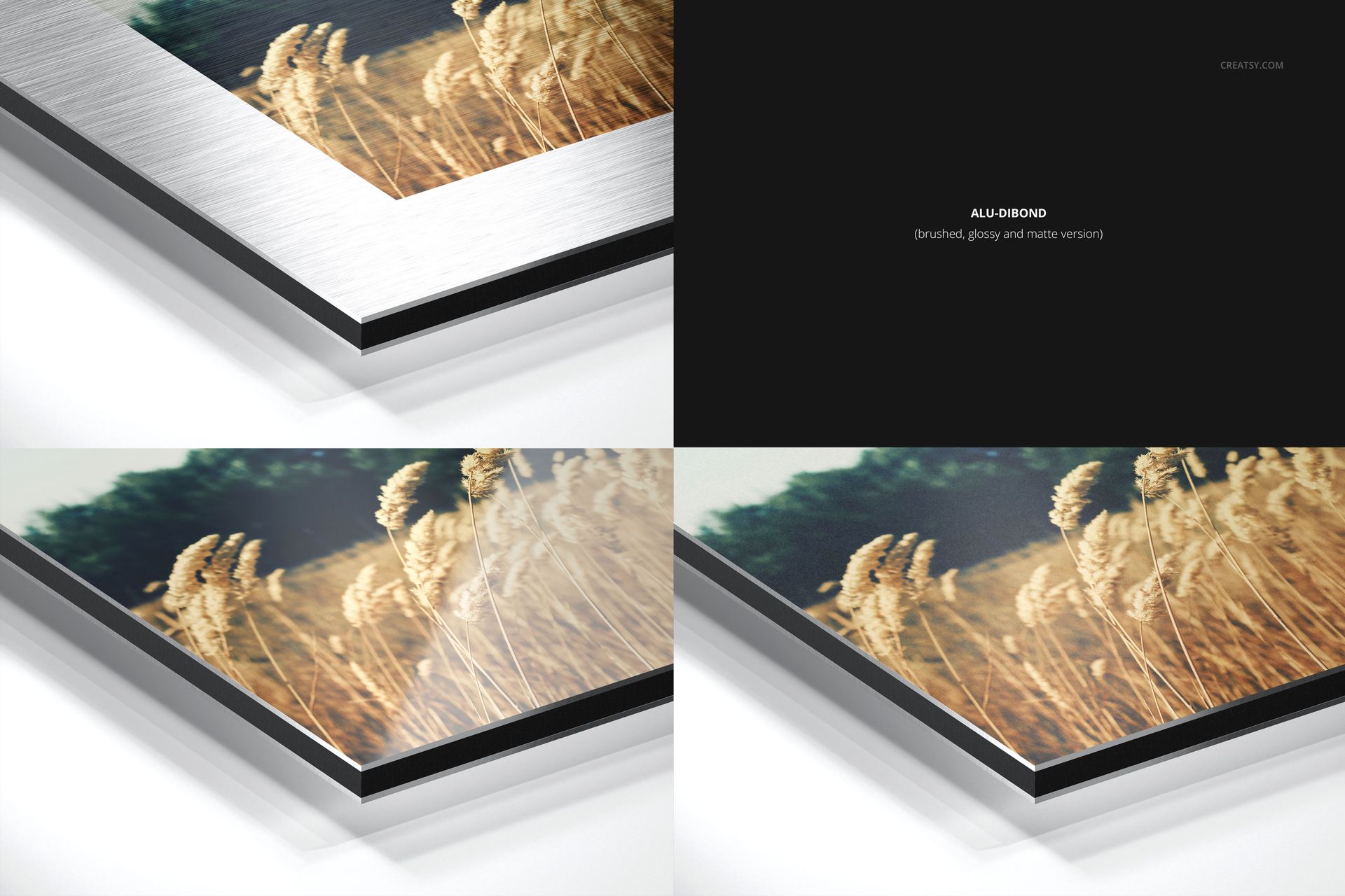 Close-up view of alu-dibond and acrylic print mockups showing brushed metallic edges and photo details.