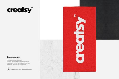 Rectangular rug mockup with a bold red surface and large white text, shown from a top view on various backgrounds.