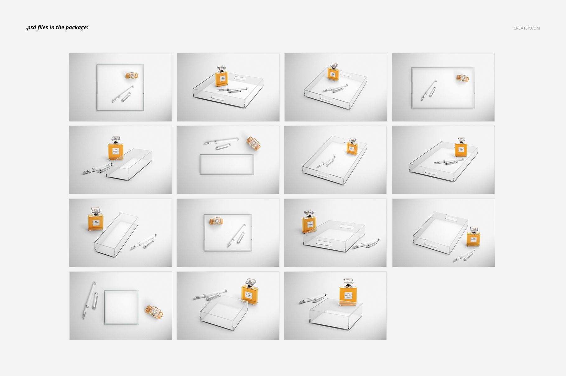 Multiple lucite tray mockups arranged in a grid, featuring clear trays with perfume and pen accessories on white backgrounds.