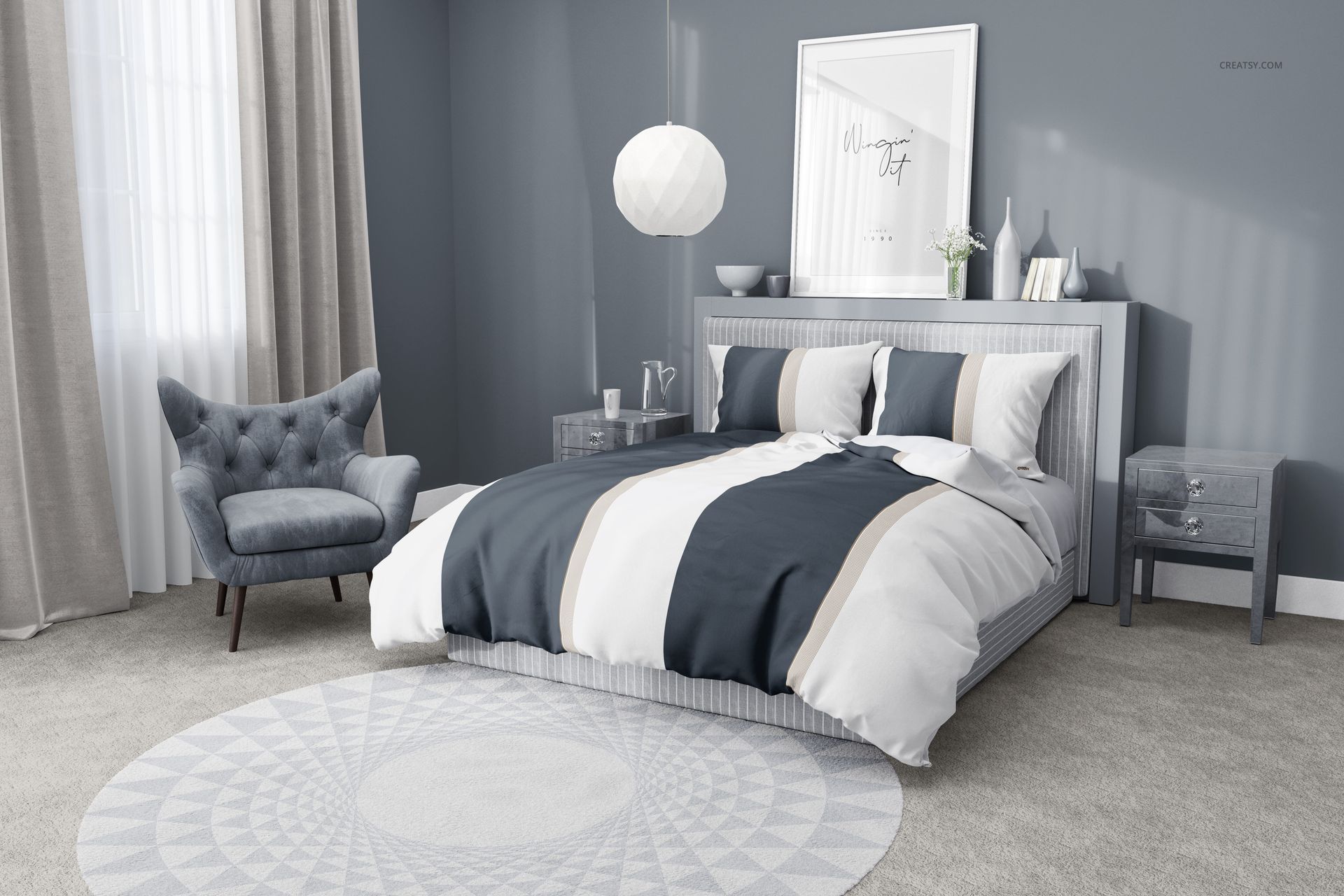 Bedroom PSD mockup showing a bed with striped bedding, gray walls, bedside tables, and a pendant lamp in a cozy setting.
