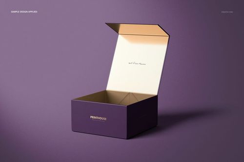 Magnetic gift box with hinged lid open, shown in three-quarter front view on a purple background, mockup style.