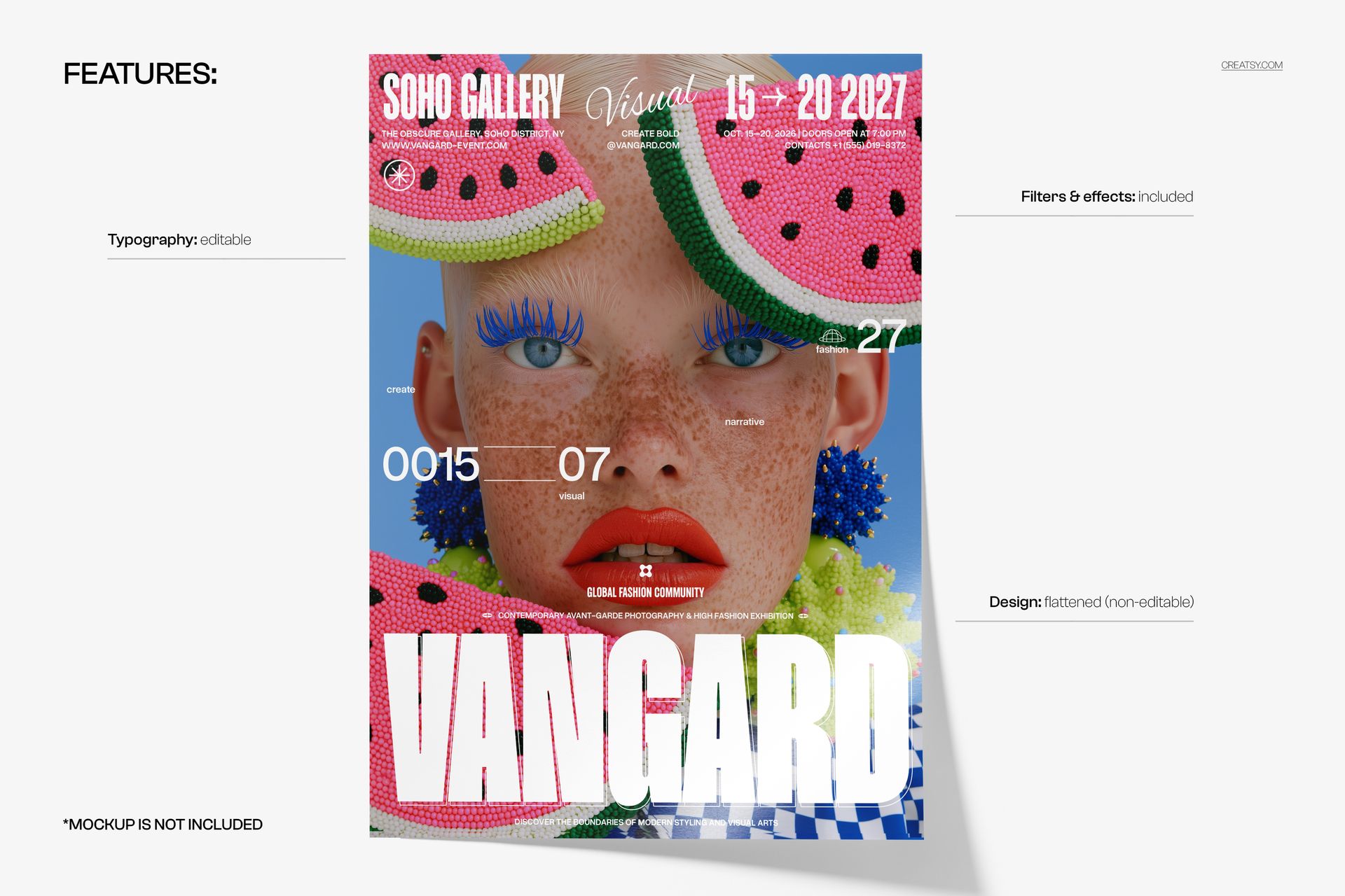 Front view of a poster mockup featuring a bold visual narrative with a close-up of a face and watermelon slices.