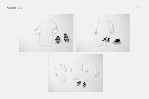 Baby longsleeve onesie PSD mockup featuring multiple onesies in various positions, accompanied by small sneakers.