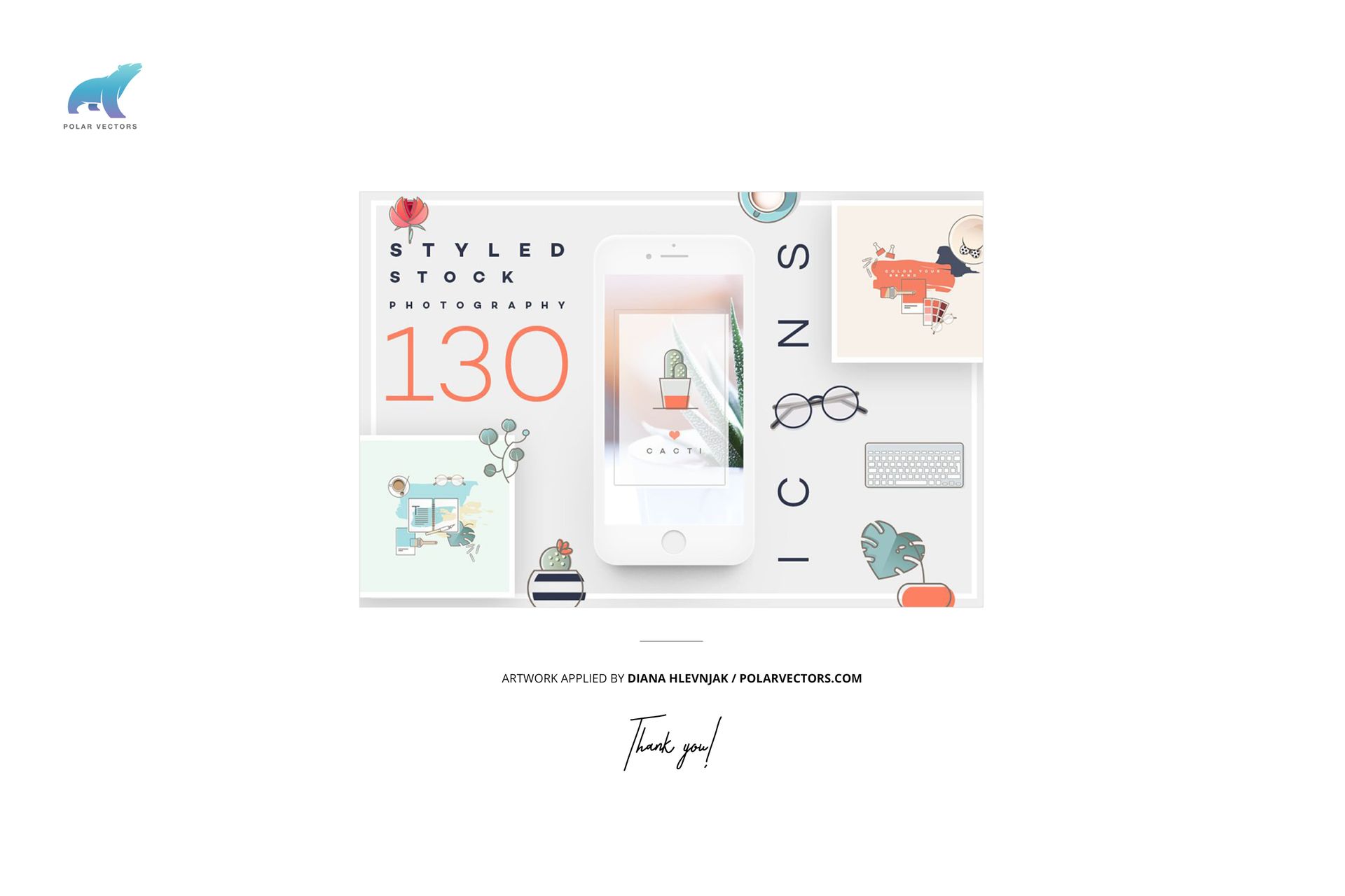 Flat lay of a styled stock photography mockup featuring a smartphone surrounded by illustrated icons and pastel props.